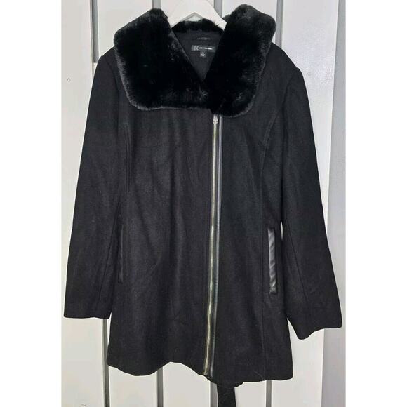 INC‎ International Concepts Wool Coat Faux Fur Collar Belted Black XXL Mob Wife - Picture 1 of 11